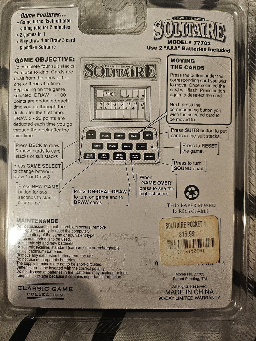 Solitaire Electronic Handheld Game Two Modes Draw 1/3 Model 77703 John N Hansen - Picture 3 of 4